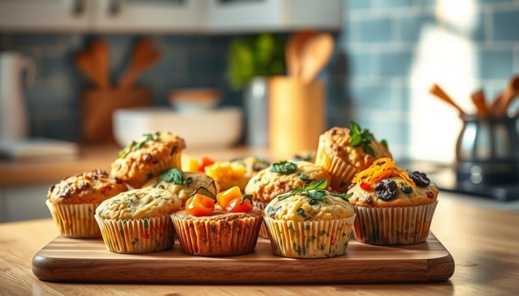 A tempting display of savory breakfast muffins in a cozy, minimal kitchen setting. An array of muffins in various shapes and sizes, featuring vibrant vegetable and herb toppings, nestled on a wooden cutting board. Warm, directional lighting casts a soft glow, complementing the light blue accents of the tiled backsplash. The composition highlights the creative textures and flavors of these nutritious, meal-prep-friendly muffins, ready to fuel busy weekday mornings.