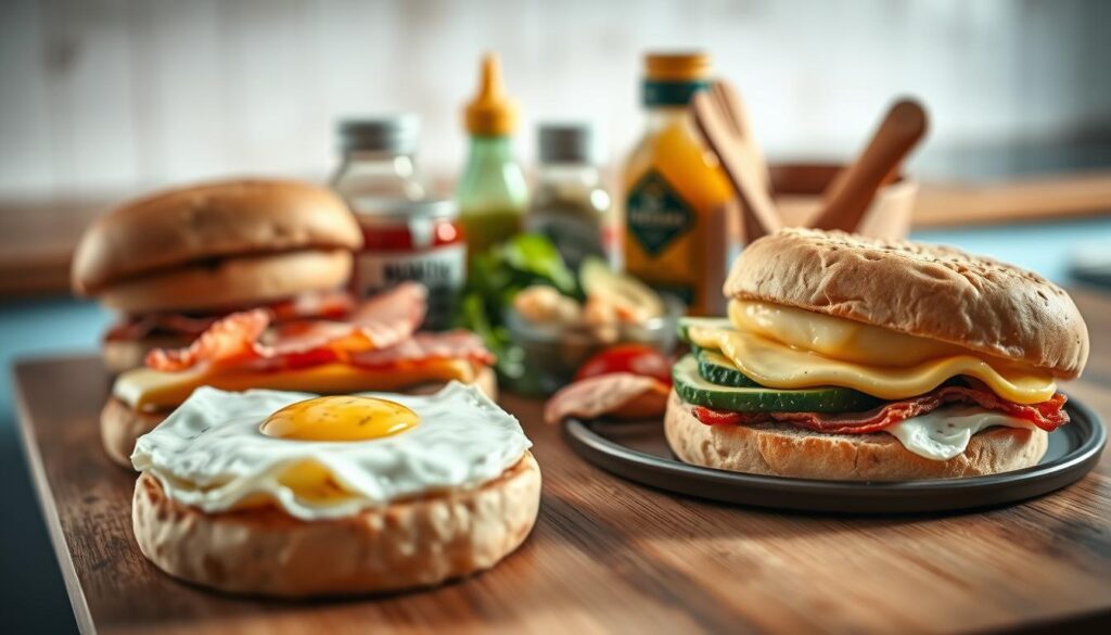A thoughtfully composed spread of customizable breakfast sandwich ingredients rests on a wooden kitchen counter, bathed in soft, natural light. In the foreground, freshly baked English muffins, crisp bacon slices, fluffy scrambled eggs, and creamy avocado slices await assembly. The middle ground features a selection of flavorful condiments, such as tangy sriracha, rich hollandaise, and vibrant herb-infused spreads. The background subtly hints at a cozy, minimal kitchen environment with wooden textures and light blue accents, creating a welcoming, appetizing atmosphere.
