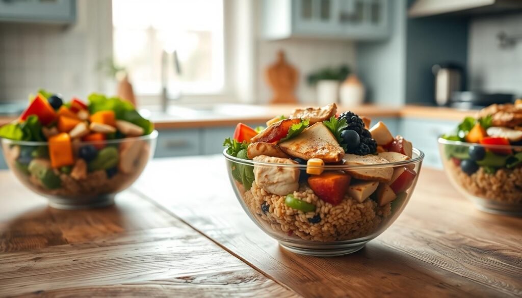 A tidy array of meal prep bowls made with vibrant vegetables, lean proteins, and wholesome grains. The bowls sit atop a rustic wooden table, the soft light from a window casting a warm glow. Minimalist kitchen with light blue cabinets and natural textures create a calming, effortless atmosphere. The bowls are filled with colorful salads, roasted sweet potatoes, grilled chicken, and quinoa, a nutritious and satisfying quick meal. The composition is balanced, the lighting is soft and flattering, capturing the simplicity and ease of this effective meal prep strategy.
