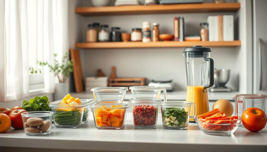 A tidy kitchen countertop with glass meal prep containers, chopped fruits and vegetables, measuring cups, and a sleek blender. Soft natural lighting filters through sheer curtains, casting a warm glow. Wooden shelves in the background hold neatly organized spices, jars, and cookbooks. The scene exudes a sense of calm efficiency, inviting the viewer to envision a stress-free morning routine of healthy, portion-controlled breakfasts.