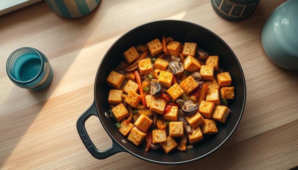 A top-down view of a simple yet elegant one-pan dish, featuring golden-brown cubes of crisp tofu sizzling in a cast-iron skillet. The tofu is surrounded by a mix of diced bell peppers, onions, and mushrooms, all bathed in a savory, fragrant sauce. Rays of warm, natural light stream in through a nearby window, casting a soft glow over the scene. The kitchen countertop is made of smooth, light-colored wood, complemented by minimalist blue-toned accents. A sense of calm and effortless preparation pervades the atmosphere, reflecting the straightforward steps of making this protein-packed vegan breakfast scramble.