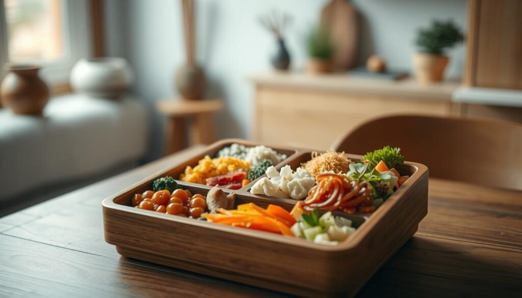 A traditional Japanese bento box filled with an assortment of colorful, neatly arranged and compartmentalized homemade dishes, resting on a wooden table in a cozy, minimalist kitchen setting. Soft, natural lighting illuminates the scene, highlighting the intricate textures of the wooden surfaces and the vibrant hues of the food. The composition emphasizes the beauty and care taken in the bento box presentation, conveying the essence of this time-honored culinary tradition of preparing portable, balanced meals for on-the-go enjoyment.