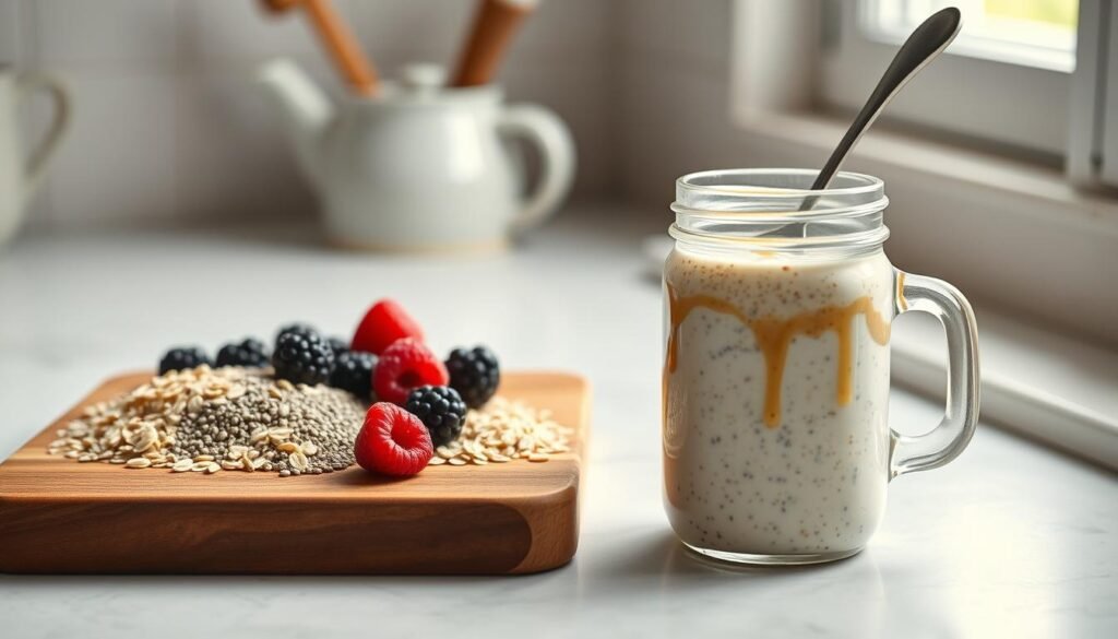 A tranquil kitchen scene showcasing the step-by-step preparation of overnight oats. On a wooden cutting board, oats, chia seeds, and fresh berries are neatly arranged. Next to it, a mason jar is filled with layers of oats, milk, and a drizzle of honey. A spoon rests atop, inviting the viewer to imagine the creamy, satisfying texture. Soft natural light filters through a nearby window, casting a warm glow on the scene. The overall atmosphere is one of simplicity, nourishment, and mindful food preparation.