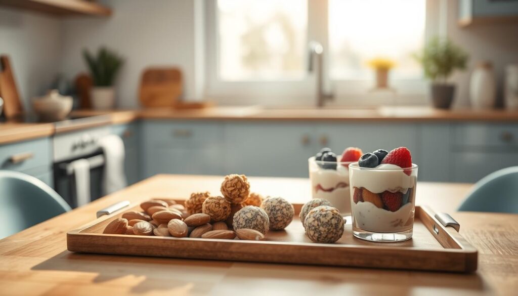 A tray of assorted protein-packed snacks sits atop a wooden table in a cozy, minimalist kitchen. The snacks, arranged in an appealing display, include roasted almonds, energy bites made with dates, oats, and chia seeds, and small jars of Greek yogurt with fresh berries. The scene is bathed in soft, natural light filtering through large windows, creating a warm, inviting atmosphere. The minimal kitchen design features light blue accents that complement the earthy tones of the snacks, evoking a sense of nourishment and vitality.