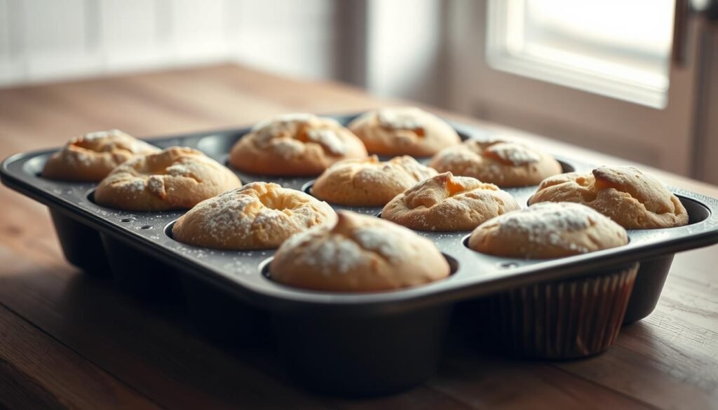 A tray of freshly baked, golden-brown muffins nestled in a well-seasoned cast iron muffin tin, resting on a wooden kitchen counter. The muffins' tops are lightly domed and adorned with a light dusting of powdered sugar. Soft natural lighting from a nearby window casts a warm glow, highlighting the muffins' fluffy texture and the rustic, earthy tones of the tin and counter. The overall scene exudes a comforting, homemade atmosphere, inviting the viewer to imagine the delightful aroma and satisfying taste of these oven-baked muffin treats.