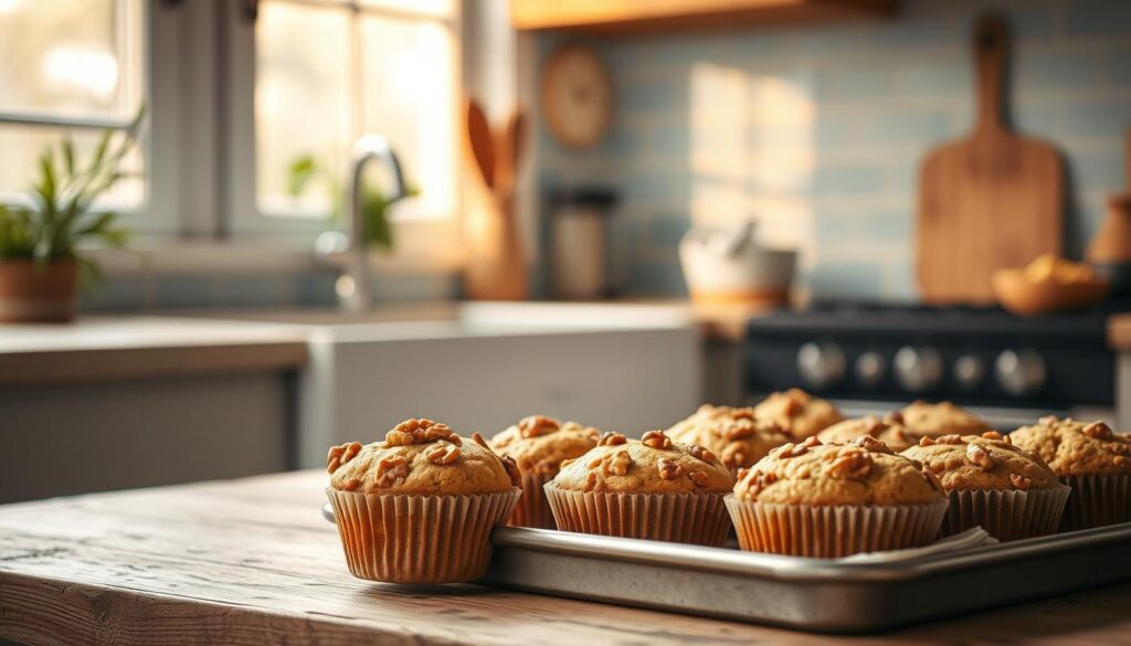 A tray of freshly baked, golden-brown protein-rich muffins sits on a rustic wooden counter in a cozy, minimalist kitchen. The muffins are dotted with visible chunks of walnuts and have a crumbly, inviting texture. Warm lighting from a nearby window casts a soft glow, highlighting the delicate blue tile backsplash and simple, natural decor. The overall scene exudes a sense of homey comfort and healthy, nourishing indulgence.