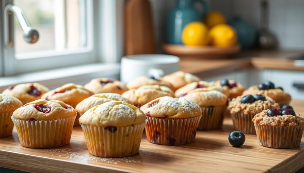 A tray of freshly baked lemon berry muffins sits on a wooden kitchen counter, its golden-brown tops dusted with powdered sugar. Beside it, an assortment of variations - some with a swirl of raspberry jam, others with a blueberry compote topping, and a few with a crumbly streusel crust. Soft natural light filters through a nearby window, casting a warm glow on the delectable treats. The scene exudes a cozy, inviting atmosphere, with subtle hints of blue in the kitchen accents. The muffins appear moist and tender, their flavors a perfect balance of tangy and sweet.