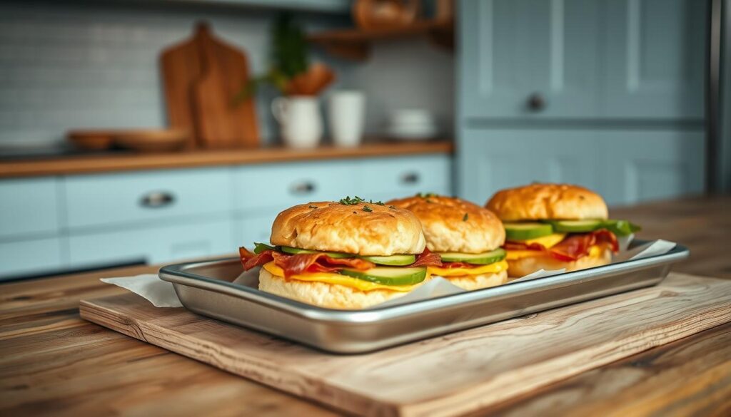 A tray of freshly prepared breakfast sandwiches nestled on a rustic wooden surface, the golden-brown biscuits and fluffy egg patties glistening under the soft, diffused lighting of a cozy, minimalist kitchen. Sliced avocado, crisp bacon, and a sprinkle of herbs add vibrant pops of color, complementing the warm, earthy tones of the wooden accents and light blue cabinetry. The composition is balanced and inviting, capturing the essence of a healthy, make-ahead morning meal that provides a nutritious fiber boost to start the day.