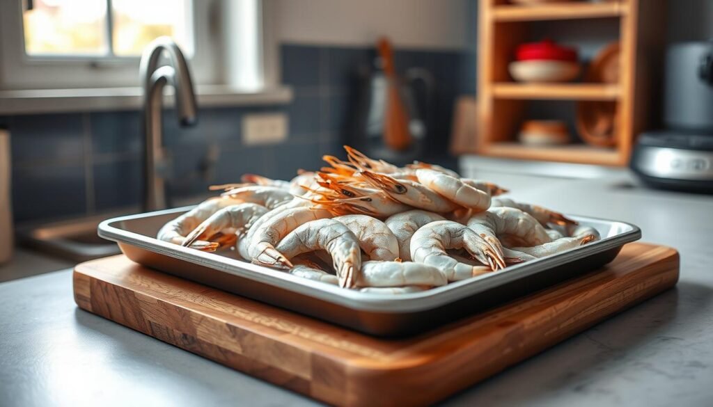 A tray of freshly thawed, glistening shrimp nestled on a wooden cutting board, surrounded by a cozy kitchen scene. Soft, diffused natural light from a window filters in, casting gentle shadows and highlighting the shrimp's translucent, tender texture. The background features subtle blue-gray tones, complementing the warm wooden accents of the countertop and shelves. The scene conveys a sense of care and attention to detail in the preparation of a nutritious, high-protein meal.