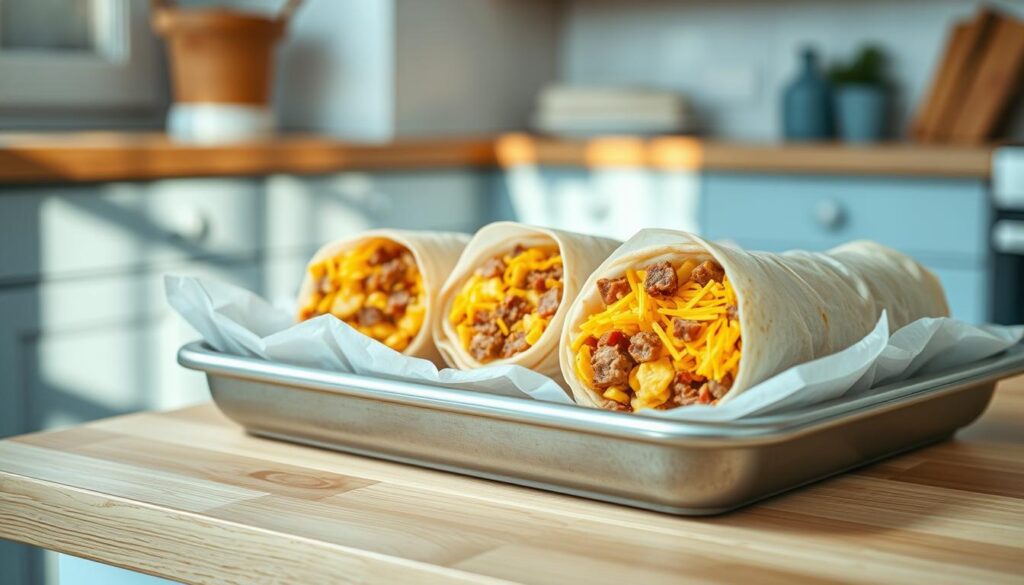 A tray of handmade breakfast burritos sits atop a wooden countertop, frozen and ready to be reheated. The burritos are tightly wrapped in parchment paper, their vibrant fillings of scrambled eggs, crumbled sausage, and melted cheddar cheese visible through the translucent wrapping. Soft afternoon light streams in through a nearby window, casting a warm glow over the scene. The kitchen is minimalist and inviting, with light blue accents complementing the natural wood tones. A sense of simple domestic comfort pervades the space, hinting at the nourishing, on-the-go breakfasts the frozen burritos will provide.