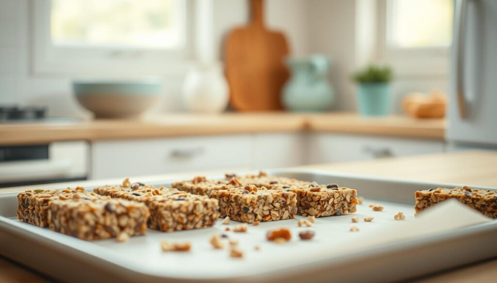 A tray of homemade no-bake energy bars in the foreground, made with a mix of rolled oats, nuts, seeds, and natural sweeteners like honey or dates. The bars are arranged neatly, with a few crumbled pieces scattered around. In the middle ground, a clean, minimal kitchen counter with wooden textures and light blue accents, such as a ceramic bowl or a small potted plant. The background features soft, natural lighting filtering through a nearby window, creating a warm, cozy atmosphere. The overall scene conveys a sense of healthy, effortless snacking perfect for a summer morning.