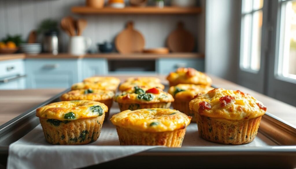 A tray of perfectly baked egg muffins in various flavors, including spinach and feta, bacon and cheddar, and veggie-packed options, set against a backdrop of a cozy, minimal kitchen with wooden textures and light blue accents. The muffins are arranged artfully, showcasing their fluffy interior and golden-brown tops, illuminated by warm, natural lighting coming through a large window. The scene exudes a sense of simplicity, health, and ease, capturing the essence of a nourishing breakfast meal prep.