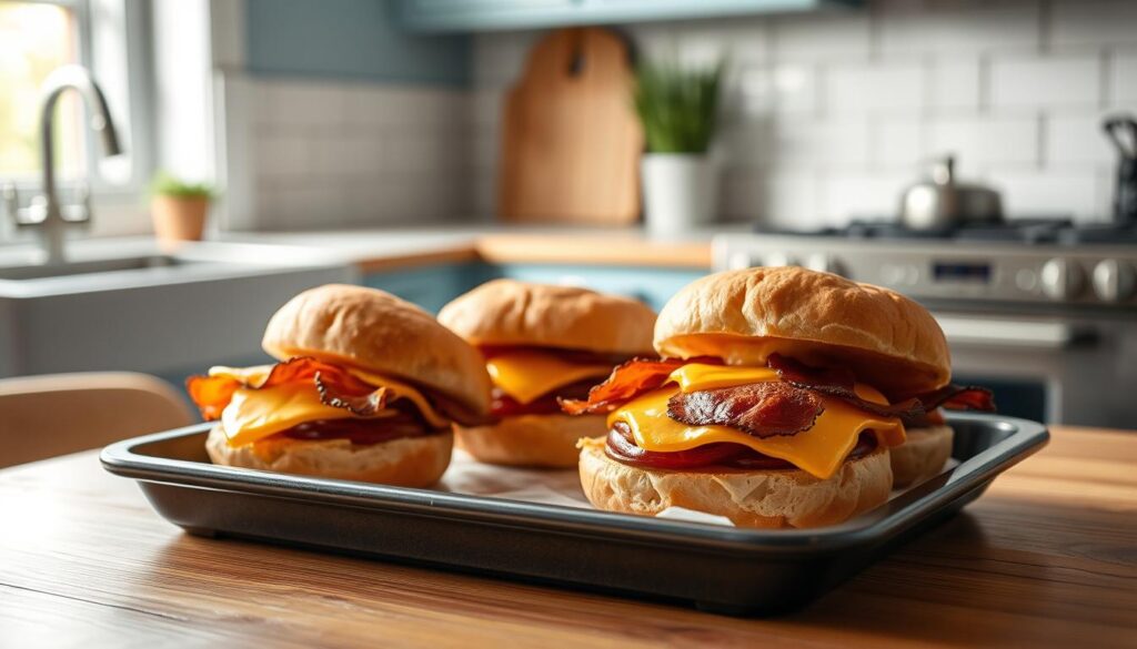A tray of savory make-ahead breakfast sandwiches, featuring fluffy brioche buns, melted cheddar cheese, and crispy bacon slices, resting on a wooden countertop in a cozy, minimalist kitchen with light blue accents. The sandwiches are arranged neatly, showcasing their delectable fillings, and the scene is bathed in warm, natural lighting, creating a inviting and appetizing atmosphere. No hand is visible, allowing the focus to remain solely on the beautifully crafted breakfast sandwiches.