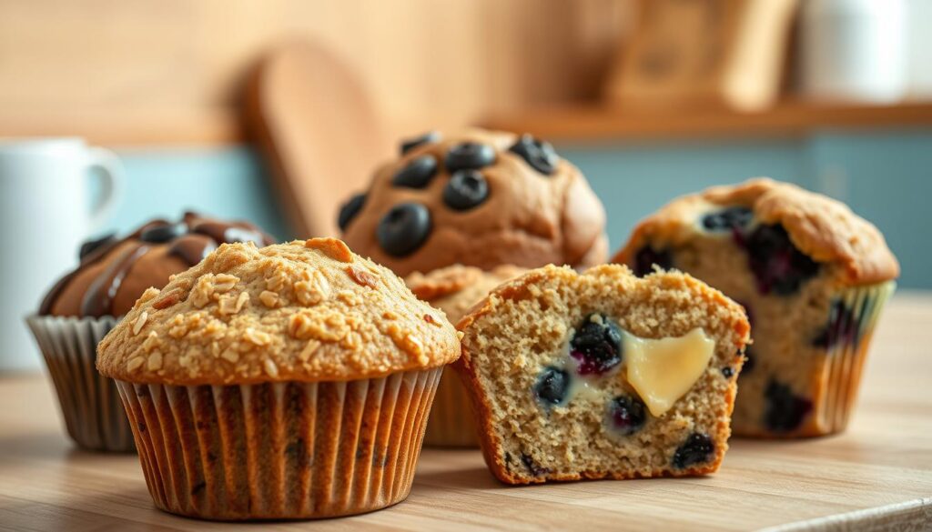 A varied assortment of freshly baked keto-friendly muffins, each with its own distinct flavor and texture. In the foreground, a golden-brown almond flour muffin with a crumbly, nutty top. Behind it, a rich chocolate-swirl muffin with a glistening chocolate glaze. To the side, a vibrant blueberry muffin, its juicy berries peeking through the tender crumb. In the middle ground, a savory cheese-infused muffin, its cross-section revealing a melted cheese center. The scene is set in a cozy, minimal kitchen, with wooden textures and light blue accents providing a calming, natural backdrop. Warm, soft lighting casts a gentle glow over the tempting array of protein-packed, keto-friendly breakfast treats.