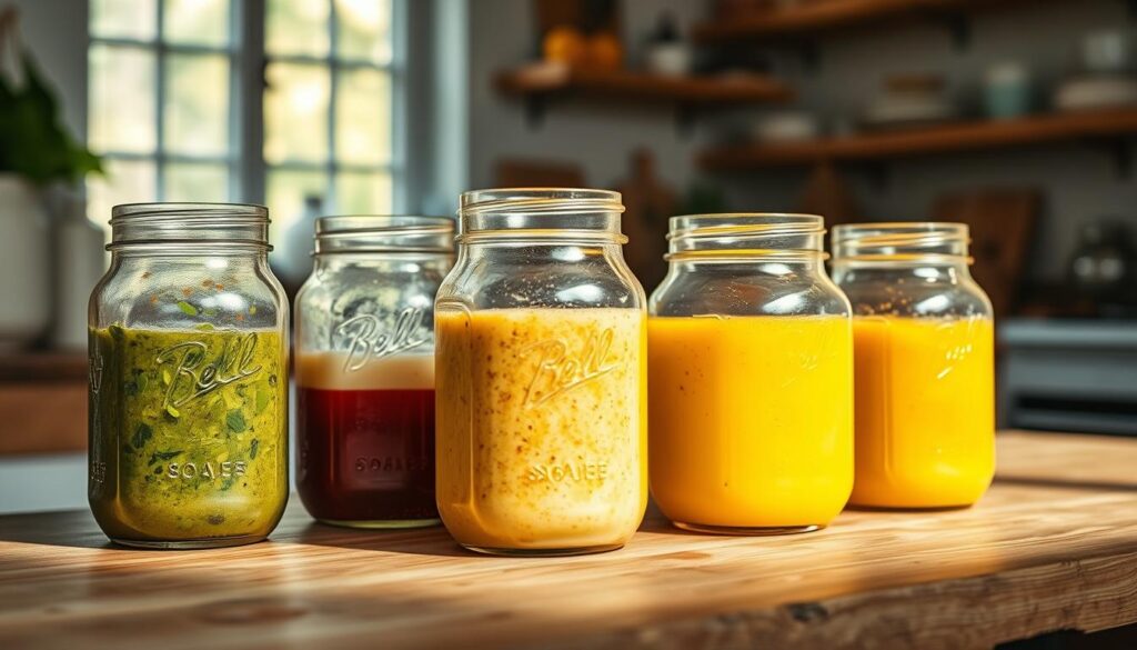A variety of artfully arranged mason jars filled with vibrant, homemade salad dressings sit atop a rustic wooden table in a cozy, minimal kitchen. Soft natural light streams in, casting a warm glow on the jars, highlighting their varied hues of green, red, and yellow. The dressings appear fresh and inviting, each jar featuring a different flavor profile - a classic balsamic, a creamy ranch, a zesty lemon vinaigrette. The overall scene evokes a sense of simplicity, organization, and the joy of meal prepping healthy, delicious salads.