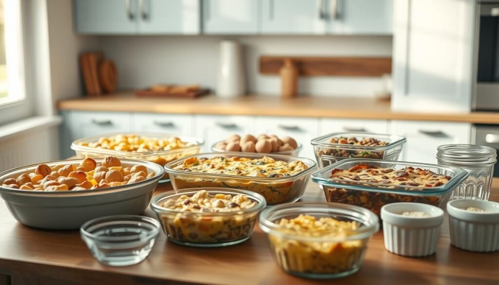 A variety of breakfast casserole dishes arranged on a wooden table, including a classic potato-egg bake, a veggie-packed frittata, and a savory sausage-cheese casserole. Soft natural lighting filters through the window, casting a warm glow on the comforting dishes. Alongside, clear glass containers and ceramic ramekins showcase clever storage solutions for portions and leftovers. The minimalist kitchen setting features light blue cabinetry and rustic wood textures, creating a cozy, inviting atmosphere.