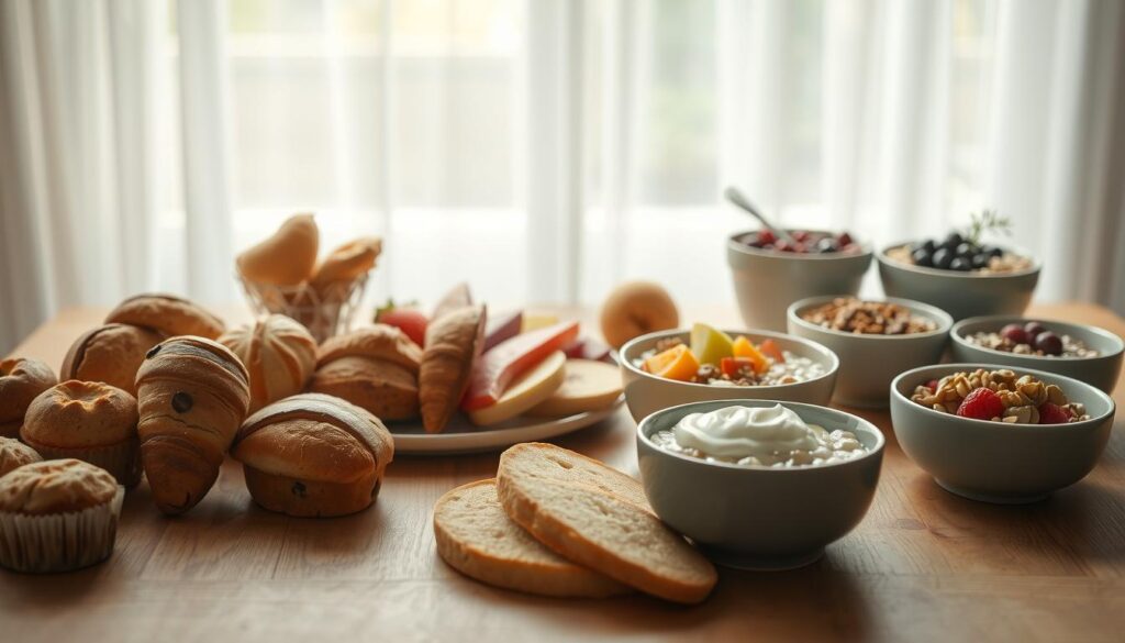 A variety of breakfast meal ideas arranged artfully on a wooden table. In the foreground, a selection of freshly baked muffins, croissants, and scones in an assortment of flavors. In the middle ground, a platter of seasonal fruit, sliced and arranged with care. Behind this, a variety of breakfast bowls filled with oatmeal, yogurt, and granola, garnished with nuts and berries. The scene is bathed in soft, diffused natural light filtering through sheer curtains, creating a warm, inviting atmosphere. The overall composition conveys a sense of balance, simplicity, and an abundance of wholesome, delicious breakfast options.