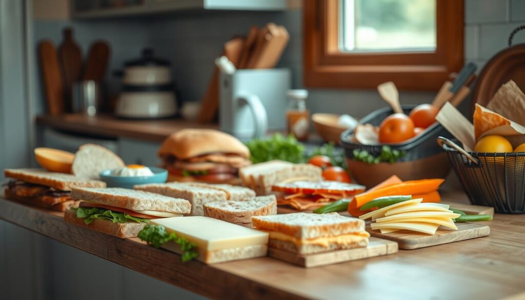 A variety of breakfast sandwich ingredients laid out on a wooden kitchen counter, with light blue accents and natural lighting from a nearby window. An assortment of breads, meats, cheeses, and fresh produce are neatly arranged, inviting the viewer to customize their perfect breakfast sandwich. The scene has a warm, rustic atmosphere, capturing the endless possibilities for creative and delicious morning meals.