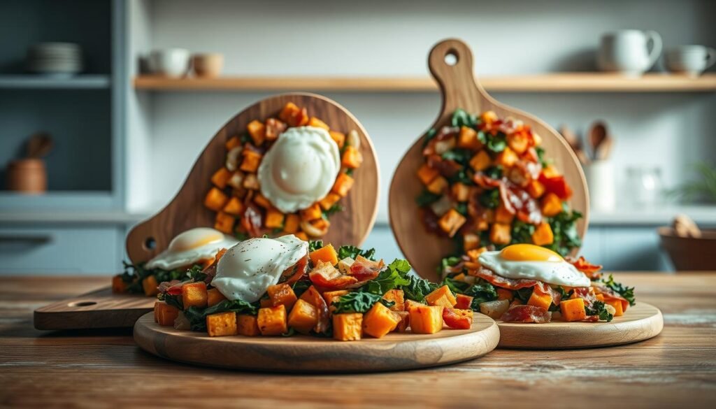 A variety of creative breakfast hash compositions, artfully arranged on wooden cutting boards against a backdrop of minimalist kitchen shelves and accents of light blue. Roasted sweet potato cubes, caramelized onions, sautéed kale, crispy bacon, and perfectly poached eggs intertwine in visually striking patterns. Soft, muted lighting from natural sources casts a warm, inviting glow over the scene. The textures of the ingredients and rustic wooden surfaces create a comforting, homey ambiance. An inspiring, appetizing display to elevate the humble breakfast hash.