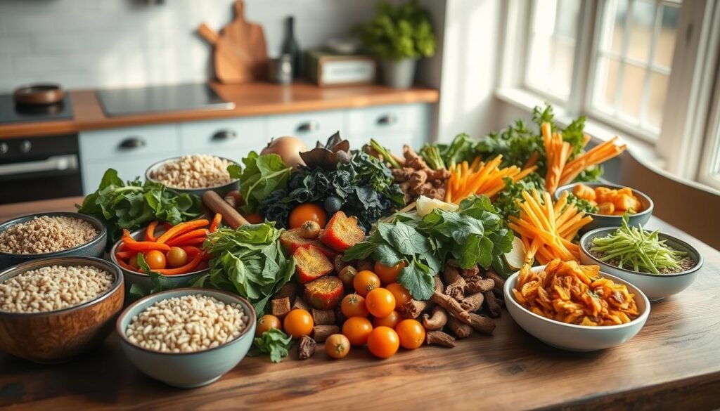 A variety of fresh, colorful ingredients arranged artfully on a wooden table, bathed in warm, natural light. An assortment of grains, greens, roasted vegetables, and protein sources, each with distinct textures and flavors, inviting the viewer to customize their perfect bowl. Minimalist kitchen decor with light blue accents provides a clean, calming backdrop, allowing the vibrant foods to take center stage. Captured from a high angle, the image conveys a sense of abundance and flexibility, perfectly capturing the idea of 