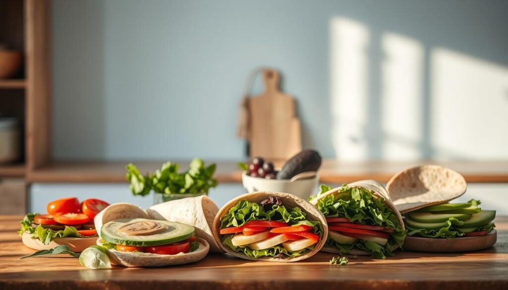 A variety of healthy sandwich alternatives arranged on a wooden table in a cozy, minimal kitchen. A soft, light blue accent wall provides a soothing backdrop. Vibrant leafy greens, sliced vegetables, and wholewheat wraps take center stage, complemented by a selection of nut butters, avocado, and fresh herbs. Warm, natural lighting casts gentle shadows, creating a calming, inviting atmosphere. The composition emphasizes the versatility and nutritional value of these diabetic-friendly, low-carb lunch options.