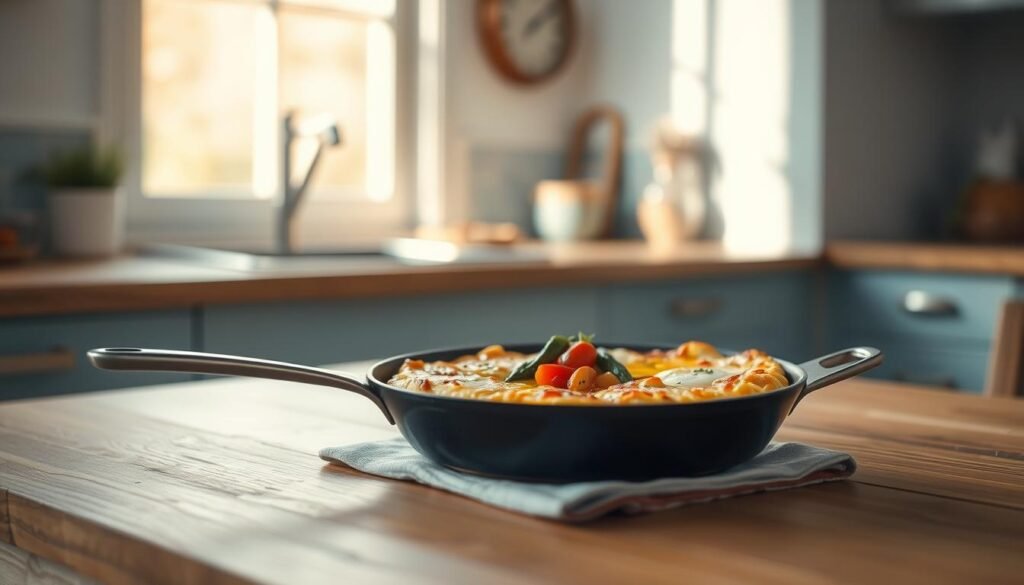 A versatile egg skillet dish sits on a wooden table in a cozy, minimal kitchen environment. The skillet is filled with a golden brown frittata, a medley of seasonal vegetables, and a delicate drizzle of olive oil. Soft, natural lighting from a window filters in, casting a warm glow on the scene. The background features light blue accents, adding a calming, inviting atmosphere. The composition is clean and uncluttered, allowing the delicious-looking frittata to take center stage.
