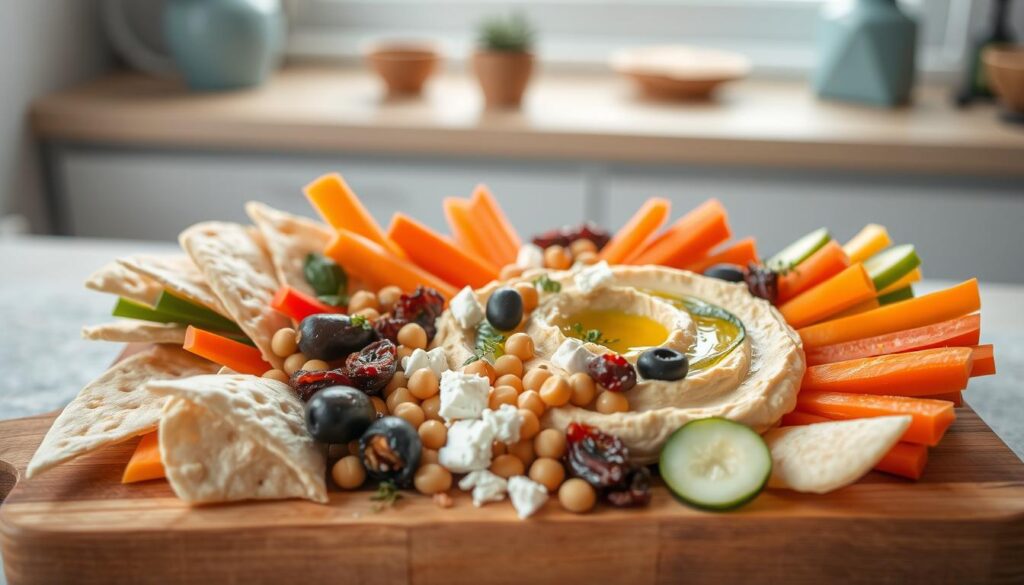 A versatile hummus plate with an assortment of fresh, colorful ingredients arranged neatly on a wooden cutting board. In the foreground, crisp pita triangles, carrot and cucumber sticks, and sliced bell peppers provide a variety of dipping options. Scattered across the middle ground, roasted chickpeas, olives, sun-dried tomatoes, and crumbled feta add layers of texture and flavor. In the background, a few sprigs of fresh herbs and a drizzle of olive oil complete the scene, creating a visually appealing and appetizing presentation within a cozy, minimal kitchen setting with light blue accents.