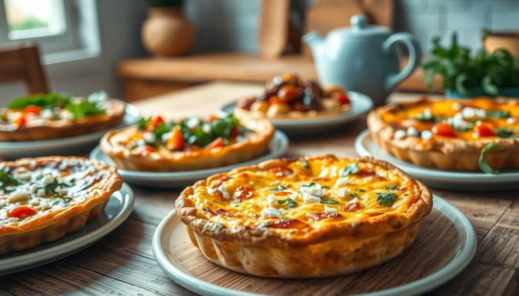 A vibrant Mediterranean breakfast spread, showcasing a variety of freshly baked frittatas and quiches. In the foreground, the golden-brown crusts and fluffy interior of the dishes take center stage, adorned with a medley of colorful vegetables, herbs, and crumbled feta. The middle ground features a rustic wooden table, complemented by a light blue ceramic dishware set. Soft, diffused lighting from overhead casts a warm, inviting glow, accentuating the natural textures and colors of the ingredients. In the background, hints of a minimalist kitchen environment with wooden accents create a cozy, homey ambiance. The overall scene exudes the vibrant, Mediterranean-inspired flavors and aromas of this wholesome breakfast selection.