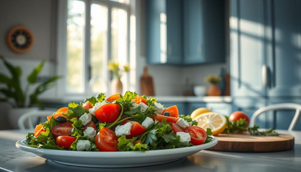 A vibrant Mediterranean salad set against a cozy, minimal kitchen backdrop. In the foreground, a crisp assortment of leafy greens, juicy tomatoes, tangy feta, and colorful vegetables are artfully arranged on a white ceramic platter. Sunlight filters through large windows, casting a warm glow and casting soft shadows. In the middle ground, a wooden cutting board with fresh herbs and lemon wedges, while in the background, sleek blue-gray cabinetry and a simple, uncluttered countertop create a serene, inviting atmosphere. The overall scene radiates freshness, simplicity, and the flavors of the Mediterranean.