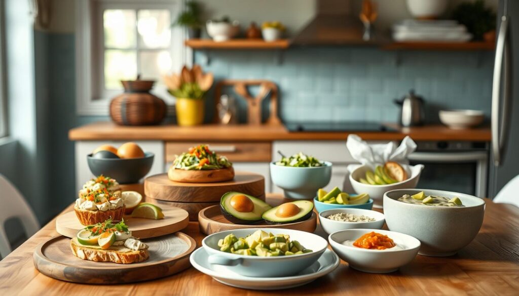 A vibrant and appetizing display of various avocado dishes set against a backdrop of a cozy, minimal kitchen. The scene features an assortment of artfully arranged avocado-based recipes, such as creamy avocado toast, refreshing avocado salad, and zesty avocado dip, all presented on wooden boards and ceramic dishes. The lighting is soft and natural, creating a warm and inviting atmosphere. The kitchen's wooden textures and light blue accents provide a calming and harmonious setting, emphasizing the simplicity and freshness of the no-heat lunchbox meals. The focus is on the visual appeal and versatility of avocado as a nutrient-dense, summer-friendly ingredient that can be enjoyed without the need for heat or elaborate preparation.