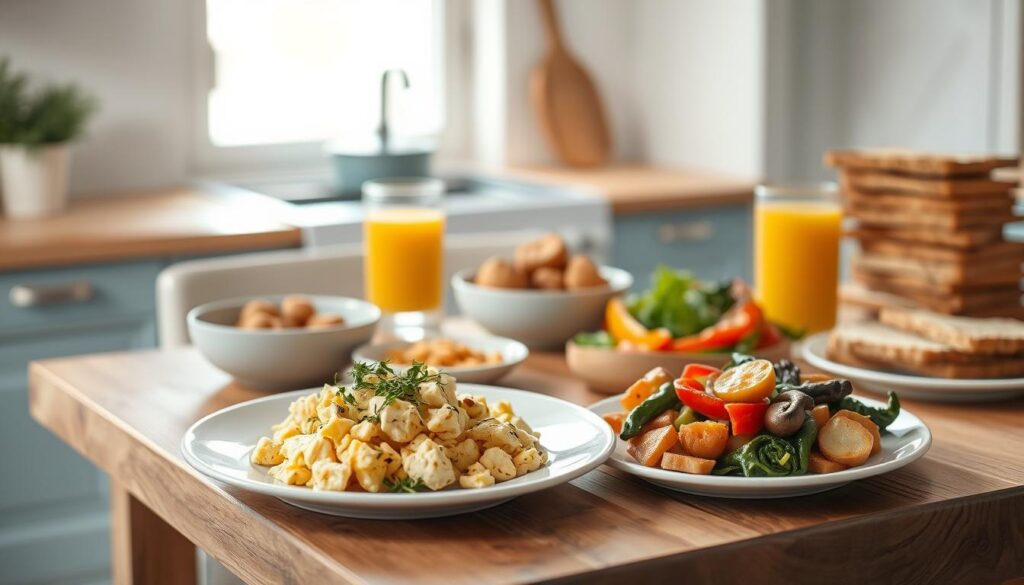 A vibrant and appetizing vegan breakfast spread, captured in a cozy, minimalist kitchen setting with warm wooden textures and light blue accents. Artfully arranged on a wooden table are various elements: a platter of fluffy tofu scramble, garnished with fresh herbs; a small bowl of roasted potatoes or hash browns; a colorful assortment of sautéed vegetables like spinach, bell peppers, and mushrooms; a stack of whole-grain toast; and a glass of fresh orange juice. The scene is illuminated by soft, natural lighting, creating a welcoming and inviting atmosphere. The image conveys a sense of nourishment, balance, and the joy of a simple, healthy vegan breakfast.
