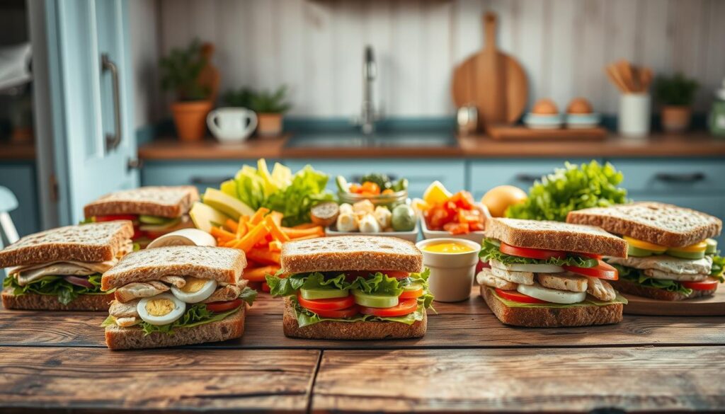 A vibrant and diverse array of healthy sandwich variations laid out on a rustic wooden table, bathed in warm, natural light. In the foreground, a selection of whole-grain breads, crisp vegetables, and lean protein options like grilled chicken and hard-boiled eggs. The middle ground features a variety of colorful toppings and condiments, from avocado slices to zesty mustard, all neatly organized. In the background, a minimalist kitchen setting with light blue accents and wooden textures creates a cozy, inviting atmosphere. The overall composition conveys a sense of balance, nutrition, and customization, perfectly capturing the essence of 