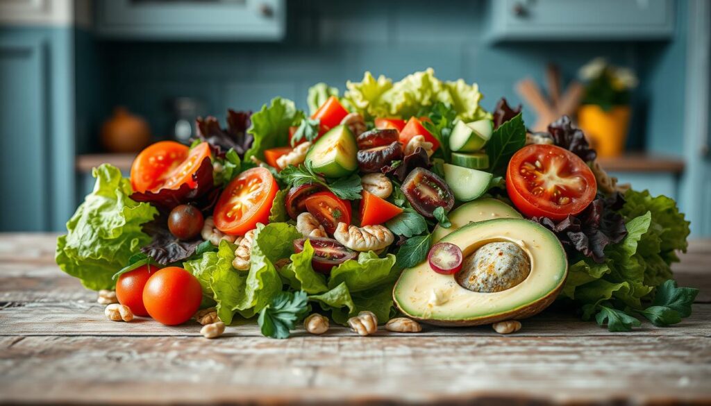 A vibrant and visually compelling assortment of seasonal salad ingredients artfully arranged on a rustic wooden surface, with a minimalist kitchen backdrop of light blue accents and clean lines. The salad features a variety of fresh, colorful produce - crisp lettuces, juicy tomatoes, crunchy cucumbers, and vibrant herbs - complemented by creamy avocado slices, toasted nuts, and a simple yet flavorful dressing. The overall composition exudes a sense of freshness, simplicity, and culinary creativity, perfectly capturing the essence of seasonal salad recipes.