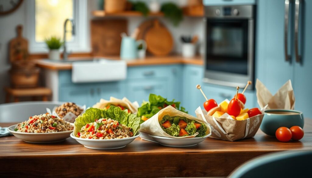 A vibrant, appetizing scene of fresh, homemade no-heat lunch ideas artfully arranged on a wooden table in a cozy, minimal kitchen. An array of colorful, nutritious options like a hearty quinoa salad, crisp veggie wraps, and refreshing fruit skewers, all delicately presented against a backdrop of light blue accents and natural textures. Soft, diffused lighting casts a warm, inviting glow, highlighting the visual appeal and healthy appeal of these portable, easy-to-prepare meal solutions.