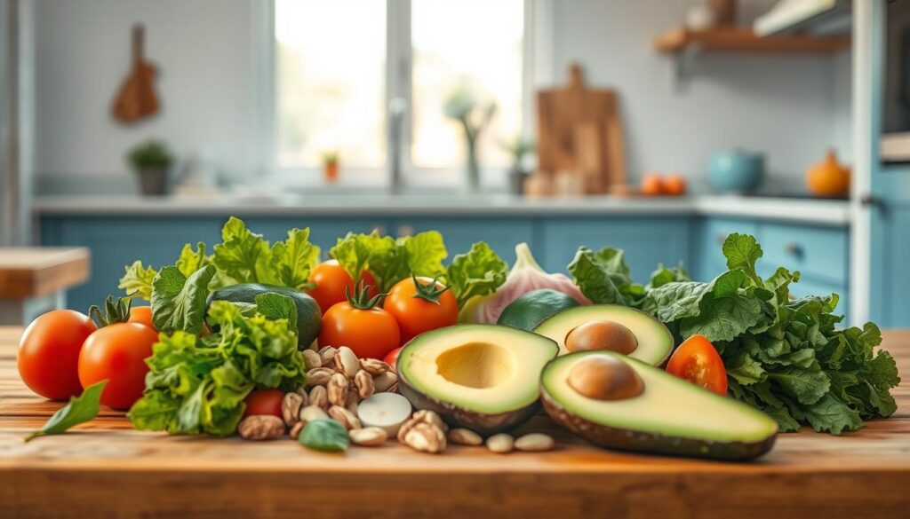 A vibrant arrangement of fresh, nutritious ingredients for cold meals rests on a wooden table in a cozy, minimal kitchen. Crisp greens, juicy tomatoes, creamy avocado, and crunchy nuts are illuminated by soft, natural light filtering through large windows. The soft blue accents of the kitchen add a soothing, inviting atmosphere, encouraging the viewer to imagine crafting a delicious, wholesome lunchbox meal. The scene evokes a sense of nourishment and vitality, perfectly capturing the essence of "Energize Your Day with Nutritious Ingredients".