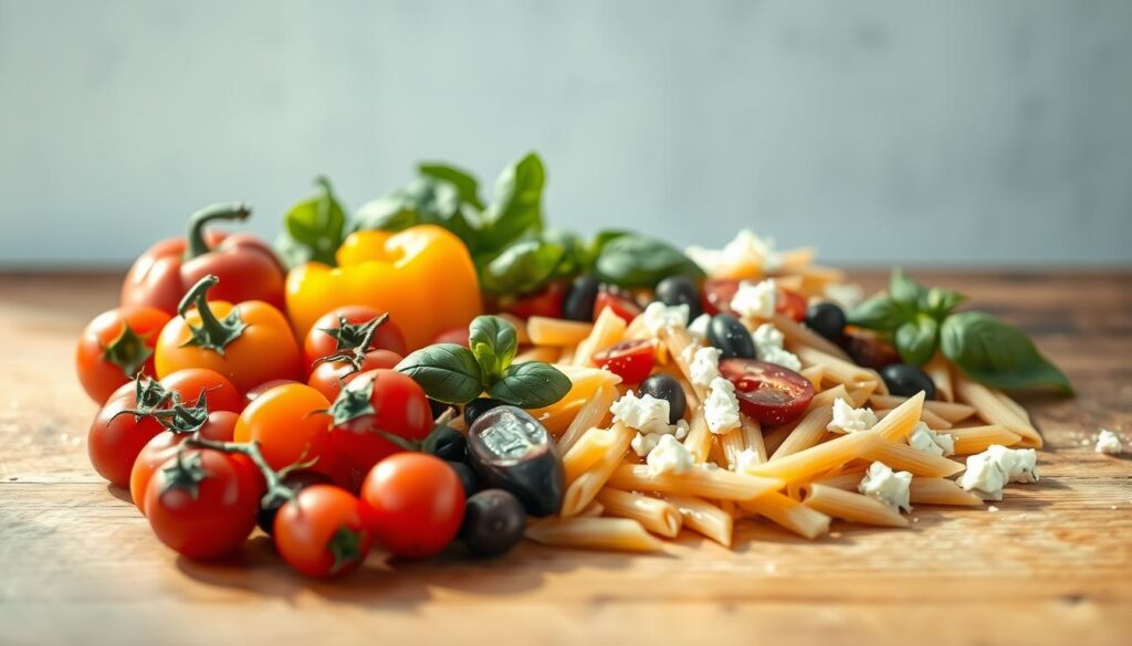 A vibrant arrangement of fresh pasta salad ingredients on a wooden table, bathed in soft, natural light. In the foreground, a mix of colorful cherry tomatoes, crisp bell peppers, and tender kalamata olives. In the middle ground, al dente penne noodles and crumbled feta cheese, complemented by fragrant basil leaves. The background features a subtly textured, light blue wall, creating a calming, minimalist atmosphere. The entire scene is captured with a warm, inviting lens, showcasing the enticing flavors and textures of this perfect pasta salad.