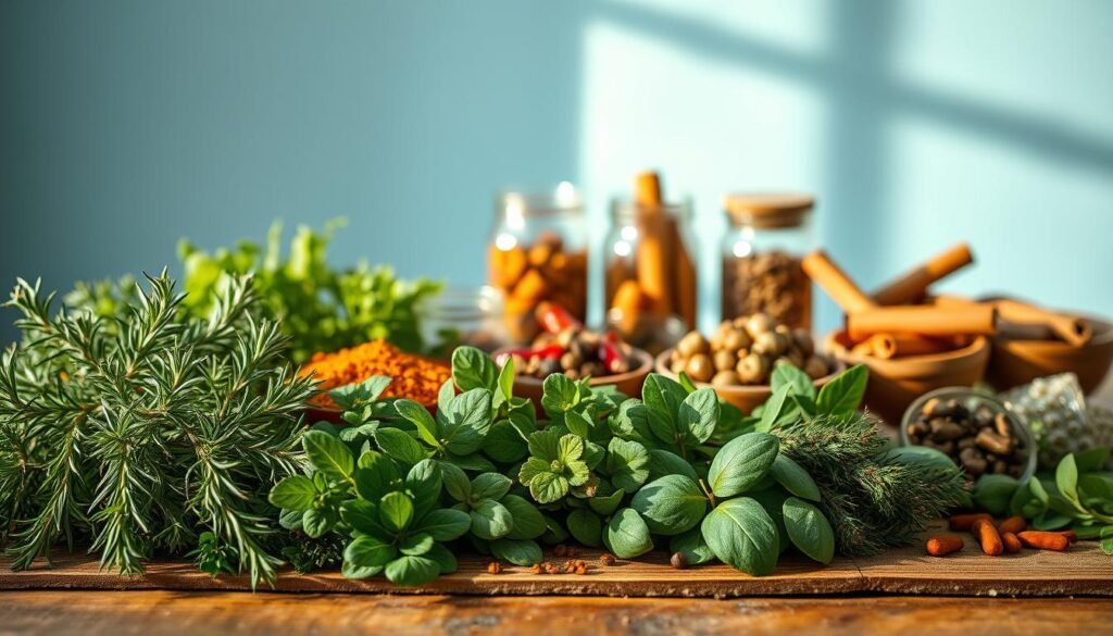 A vibrant arrangement of freshly harvested herbs and spices, meticulously displayed on a rustic wooden table against a backdrop of light blue walls. The foreground features an array of fragrant seasonings, including fragrant rosemary, earthy cumin, vibrant turmeric, and aromatic bay leaves, all bathed in a warm, natural light that casts gentle shadows. In the middle ground, a selection of glass jars and ceramic bowls hold an international selection of dried chili peppers, whole cinnamon sticks, and peppercorns, creating a sense of culinary adventure. The background is softly blurred, allowing the focus to remain on the flavorful protagonists, evoking a cozy, minimalist kitchen atmosphere filled with the promise of delicious, Whole30-compliant dishes.