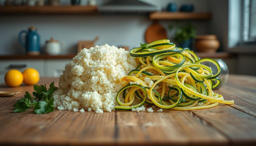A vibrant arrangement of freshly prepared cauliflower rice and zucchini noodles, meticulously arranged on a rustic wooden table in a cozy, minimal kitchen. The cauliflower rice has a delicate, cloud-like texture, while the zucchini noodles curl elegantly, glistening with a light glaze. Soft, diffused lighting from overhead casts a warm, inviting glow, highlighting the natural colors and textures of the ingredients. Subtle blue accents in the kitchen's decor complement the earthy tones of the dish, creating a calming, harmonious atmosphere. The overall composition exudes a sense of simplicity, nutrition, and culinary innovation.