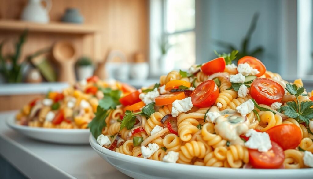 A vibrant arrangement of gluten-free pasta salad variations, showcasing a variety of fresh, seasonal ingredients. In the foreground, a mixture of colorful spiral-shaped gluten-free pasta, julienned vegetables, and a creamy, dairy-free dressing. The middle ground features complementary elements such as cherry tomatoes, sliced cucumbers, and crumbled feta-style cheese. The background depicts a cozy, minimal kitchen with warm wooden textures, light blue accents, and a serene, natural light filtering in. The overall scene exudes a fresh, healthy, and inviting atmosphere, perfectly capturing the essence of innovative pasta salad creations.