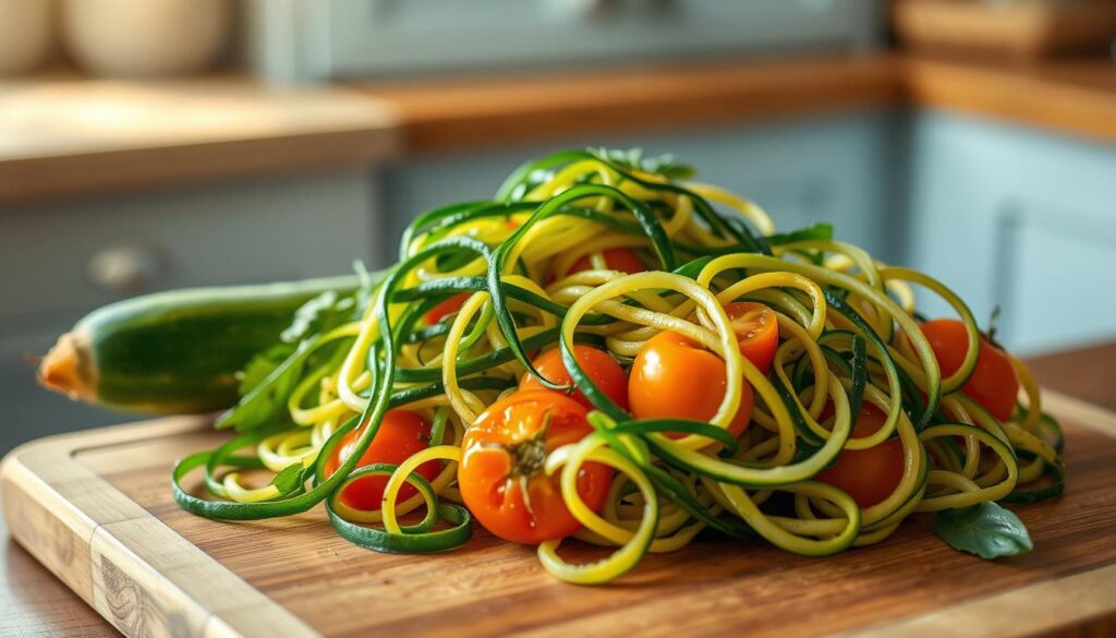 A vibrant arrangement of zucchini noodles, artfully spiralized and glistening, nestled atop a wooden cutting board. Delicate strands of verdant "zoodles" intertwine with golden-hued heirloom tomatoes, their juices lending a natural sheen. Hints of herbs, perhaps basil or parsley, add pops of color and aromatic flair. The scene is set against a minimalist backdrop of light blue cabinetry and natural wood tones, creating a sense of calm and simplicity. Warm, soft lighting casts a gentle glow, highlighting the intricate textures and vibrant hues of this creative pasta alternative.