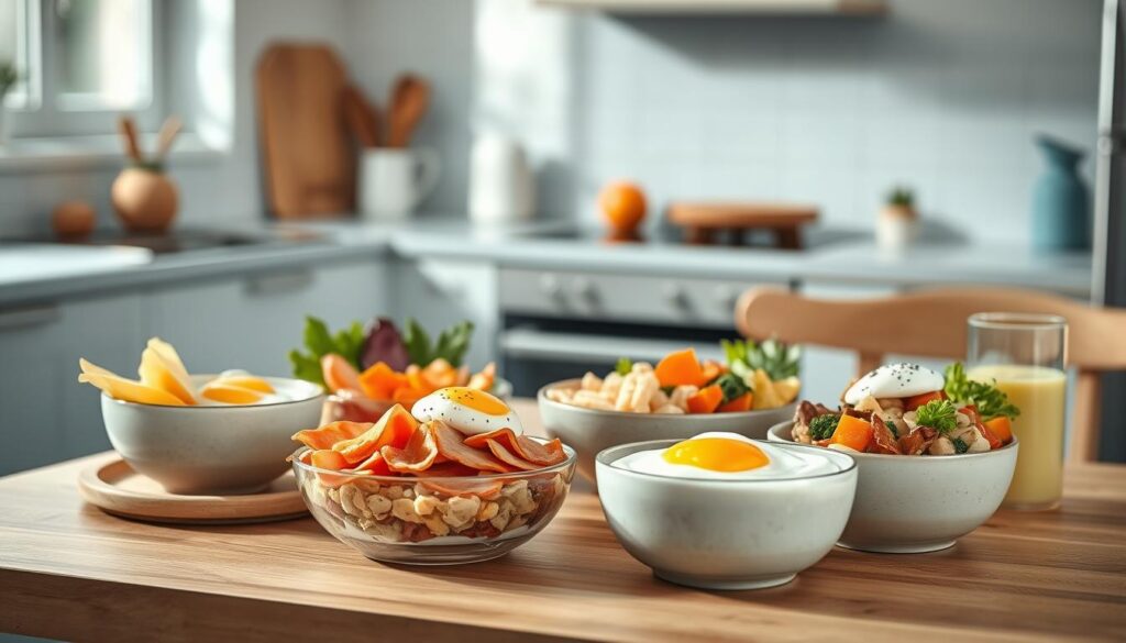 A vibrant array of customizable breakfast bowl variations sits on a wooden table in a cozy, minimal kitchen. Crisp vegetables, fluffy eggs, savory meats, and creamy yogurt are arranged artfully, inviting exploration of flavor profiles. The soft, natural lighting casts a warm glow, complementing the light blue accents that add a touch of tranquility. Textures of wood, ceramic, and glass create visual interest, while the overall composition evokes a sense of healthy, wholesome nourishment.