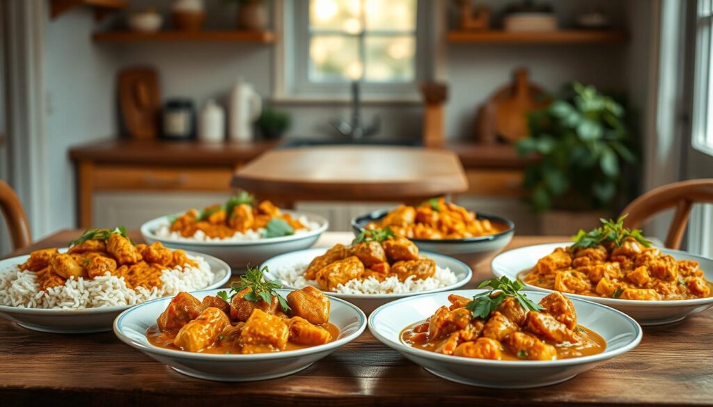 A vibrant array of global chicken curry variations artfully arranged on a wooden table in a cozy, minimal kitchen. Fragrant spices and aromatic herbs spill gracefully over the plates, their colors and textures creating a visually stunning and appetizing display. Warm, soft light filters in from the windows, casting a gentle glow and highlighting the diverse flavors and textures of the curries. The scene exudes a sense of culinary exploration and international flair, inviting the viewer to imagine the mouthwatering taste and aroma of these delectable lunch meal prep recipes.