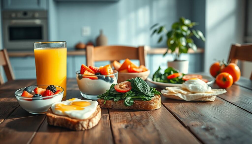 A vibrant array of nutritious breakfast options artfully arranged on a rustic wooden table, bathed in soft, natural lighting. In the foreground, a glass of freshly squeezed orange juice, a bowl of creamy yogurt topped with colorful berries, and a slice of whole-grain toast with avocado and a drizzle of honey. In the middle ground, a plate of fluffy scrambled eggs, sautéed spinach, and sliced tomatoes. In the background, a minimalist kitchen with light blue cabinets and a potted plant, conveying a sense of calm and wellness. The overall scene emanates a refreshing, summery atmosphere, inviting the viewer to savor a nourishing and delightful breakfast.