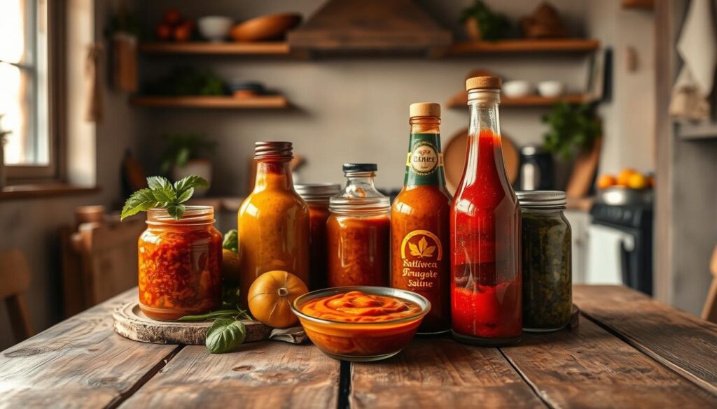 A vibrant array of traditional Mexican sauces and marinades, artfully arranged on a rustic wooden table in a cozy, minimal kitchen. Hues of fiery red, earthy brown, and vibrant green create a harmonious palette, reflecting the authentic flavors of Mexico. Glistening textures and intricate patterns in the sauces invite the viewer to imagine their rich, complex tastes. Soft, diffused lighting casts a warm glow, setting an inviting atmosphere that captures the essence of Mexican cuisine. The scene exudes a sense of culinary craftsmanship and cultural heritage, perfectly encapsulating the 
