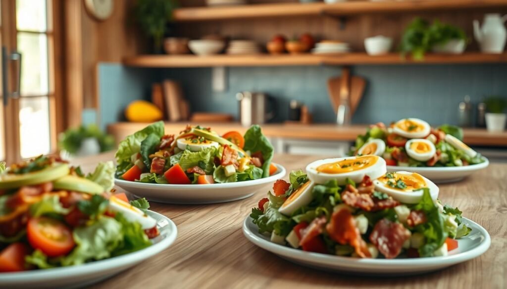 A vibrant assortment of cobb salad variations presented in a cozy, minimal kitchen. Crisp lettuce, juicy tomatoes, creamy avocado, hard-boiled eggs, and savory bacon morsels artfully arranged on white ceramic plates. Drizzles of tangy dressing and fresh herbs add pops of color and flavor. Soft natural lighting filters through large windows, casting a warm glow over the scene. The wooden textures of the countertops and shelves provide a rustic, homey backdrop, accented by light blue accents. The focus is on the user-approved, top-rated salad recipes, showcasing their vibrant, satisfying appeal.