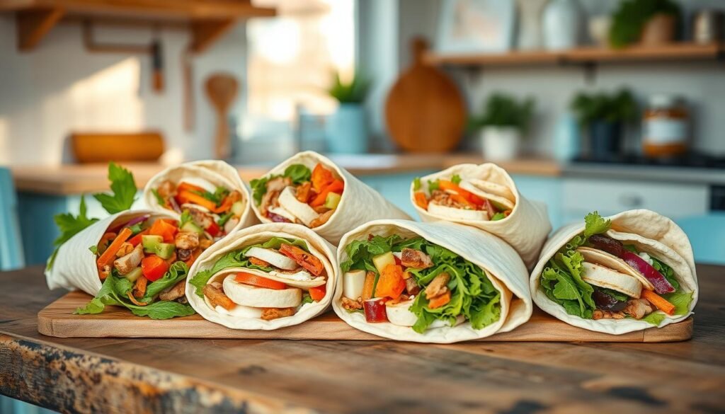 A vibrant assortment of creative wrap ideas, nestled in a cozy, minimal kitchen with warm wooden textures and light blue accents. Artfully arranged on a rustic wooden table, the wraps showcase a variety of fresh fillings - crisp vegetables, savory meats, and creamy spreads, all wrapped in soft, pliable tortillas. The composition is bathed in soft, natural lighting, capturing the inviting atmosphere and the mouthwatering appeal of these innovative meal prep options. The scene evokes a sense of simplicity and culinary inspiration, perfectly suited to illustrate the "Innovative Wraps and Pita Ideas for Every Taste" section.