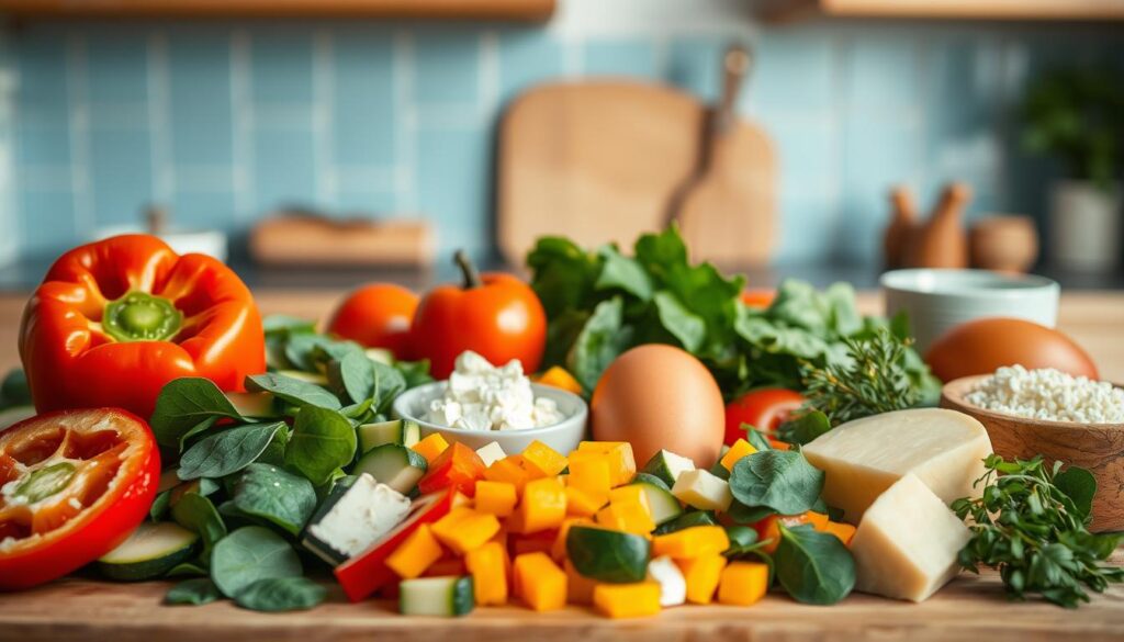 A vibrant assortment of fresh frittata ingredients arranged in a cozy, minimal kitchen setting. In the foreground, an array of colorful vegetables - sliced bell peppers, diced zucchini, and chopped spinach leaves - alongside farm-fresh eggs, a wedge of creamy feta, and sprigs of fragrant herbs. The middle ground features a rustic wooden cutting board and a small ceramic bowl filled with grated cheese. The background showcases the warm, natural tones of the kitchen, with light blue accents highlighting the simple, elegant atmosphere. Soft, diffused lighting illuminates the scene, creating a sense of gentle, inviting calm. No human hands are present, allowing the ingredients to take center stage.