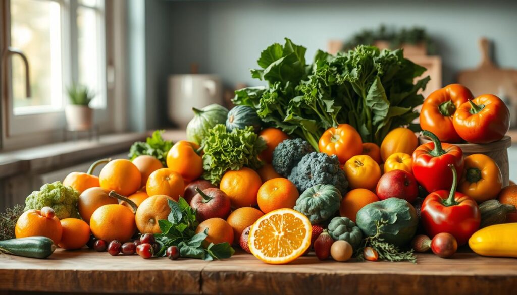 A vibrant assortment of freshly harvested fruits and vegetables, meticulously arranged on a rustic wooden table in a cozy, minimal kitchen setting. Crisp apples, juicy oranges, vibrant bell peppers, and leafy greens are accompanied by an array of other fiber-rich produce, bathed in soft, natural lighting that highlights their vibrant colors and textures. The scene evokes a sense of health and wellness, inviting the viewer to embrace a nutritious, high-fiber breakfast. The wooden textures and light blue accents create a calming, inviting atmosphere, encouraging the viewer to savor the nourishing bounty.