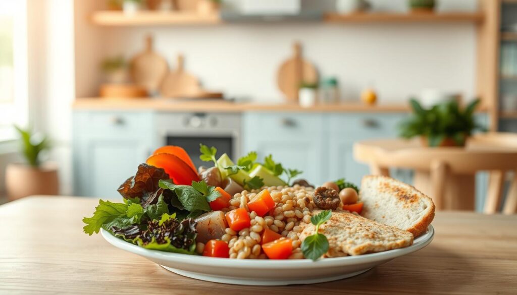 A vibrant, balanced meal showcasing the nutritional benefits of a gluten-free lifestyle. In the foreground, an artfully arranged plate featuring a variety of colorful vegetables, a hearty grain, and a protein-rich element. Delicate lighting casts a warm glow, highlighting the textures and natural hues. In the middle ground, a clean, minimalist kitchen setting with wooden accents and light blue cabinetry provides a soothing backdrop. The overall mood is one of wellness, simplicity, and a celebration of fresh, wholesome ingredients.