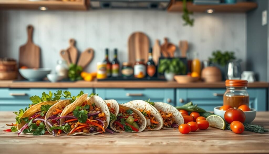 A vibrant collection of global flavors and fresh ingredients artfully arranged on a wooden kitchen table. In the foreground, vibrant tortilla wraps, colorful vegetables, and aromatic herbs and spices. The middle ground features an assortment of ethnic condiments, sauces, and garnishes. In the background, the minimal kitchen setting is filled with light blue accents and warm wooden textures, creating a cozy, inviting atmosphere. The scene is illuminated by soft, natural lighting, casting gentle shadows and highlighting the textures and colors of the ingredients.